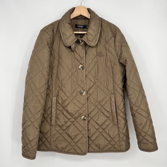 Lauren Ralph Lauren Quilted Jacket Women Large Logo Tan Puffer Faux Leather Trim - Picture 1 of 10